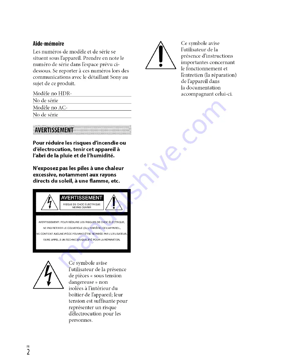 Sony Handycam HDR-CX250 Owner'S Manual Download Page 2