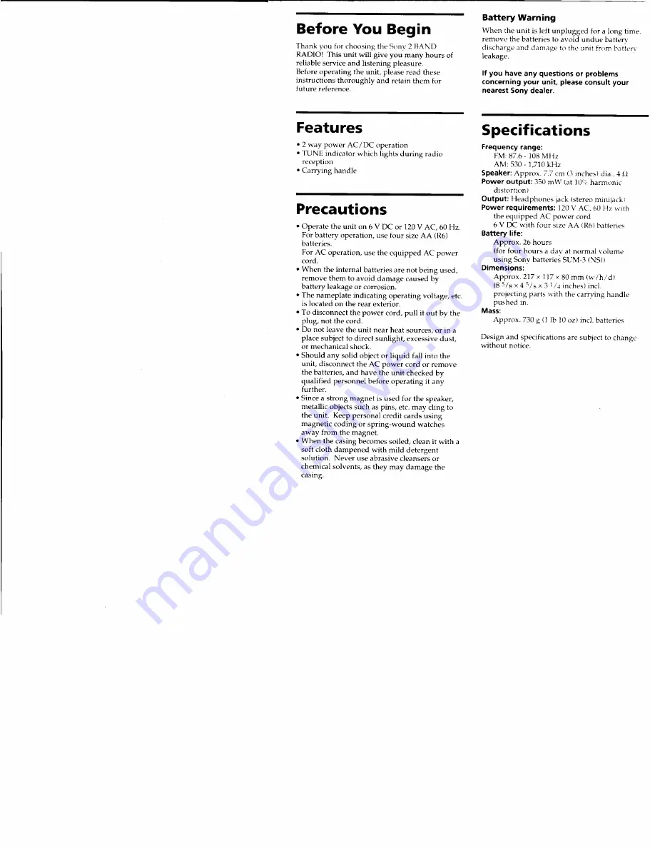 Sony ICF-24 Operating Instructions Manual Download Page 2