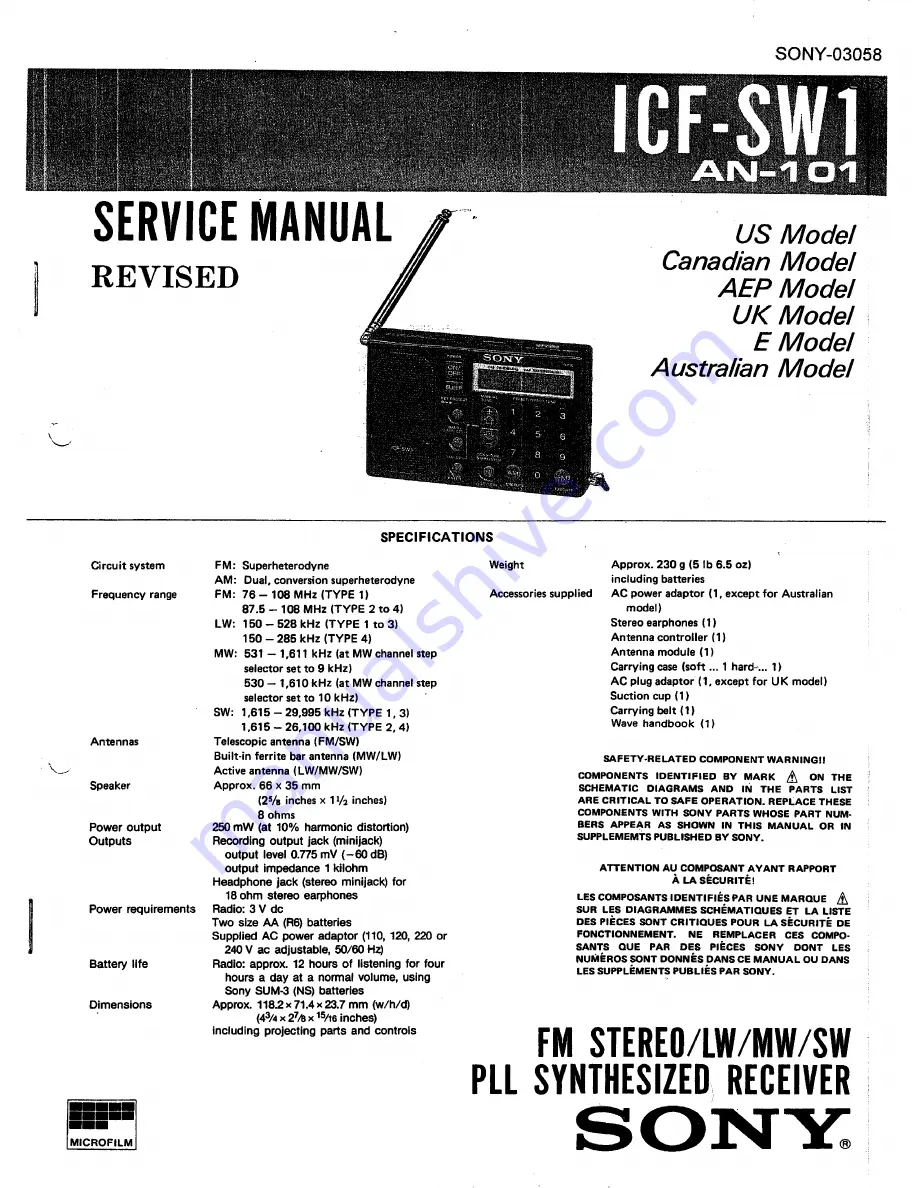 Sony ICF-SW1 Скачать руководство пользователя страница 1