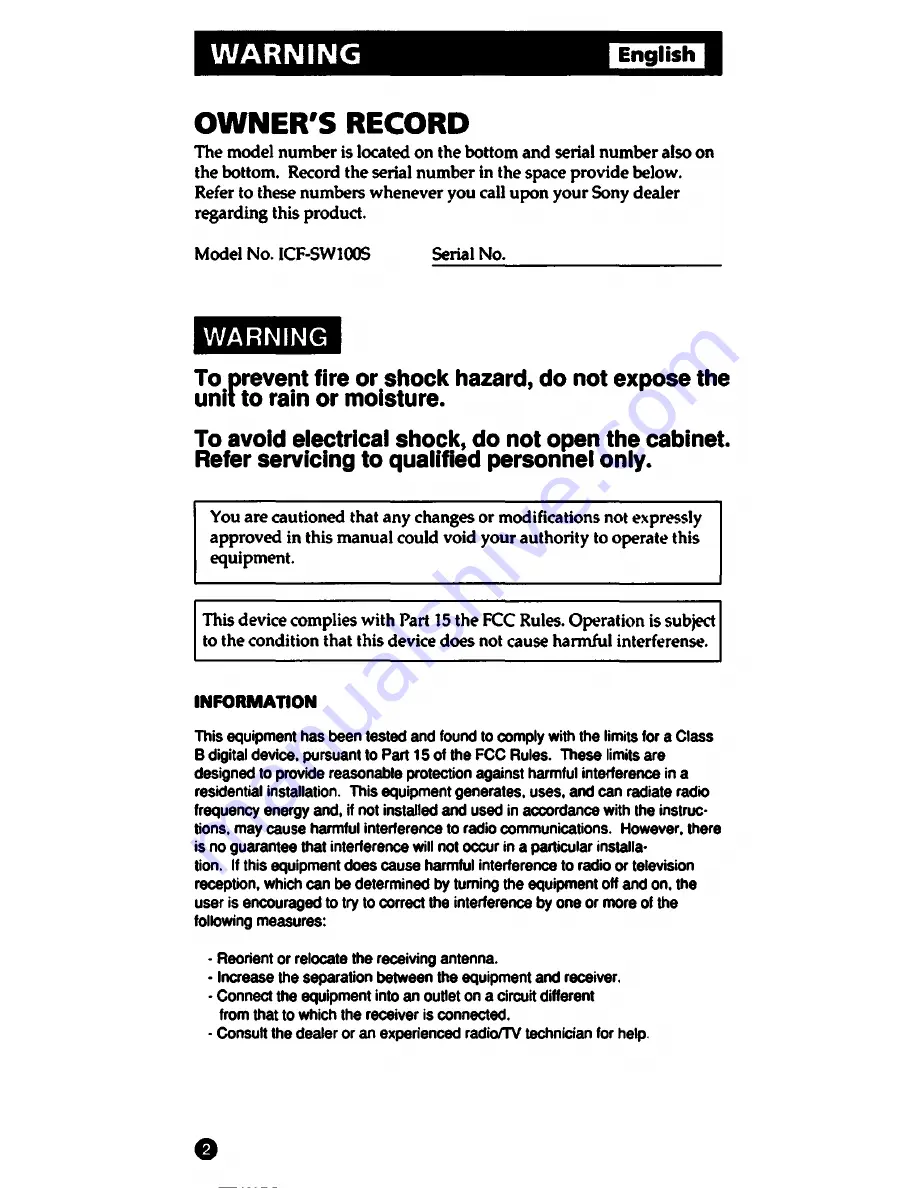 Sony ICF-SW1005 Operating Lnstructions Download Page 2