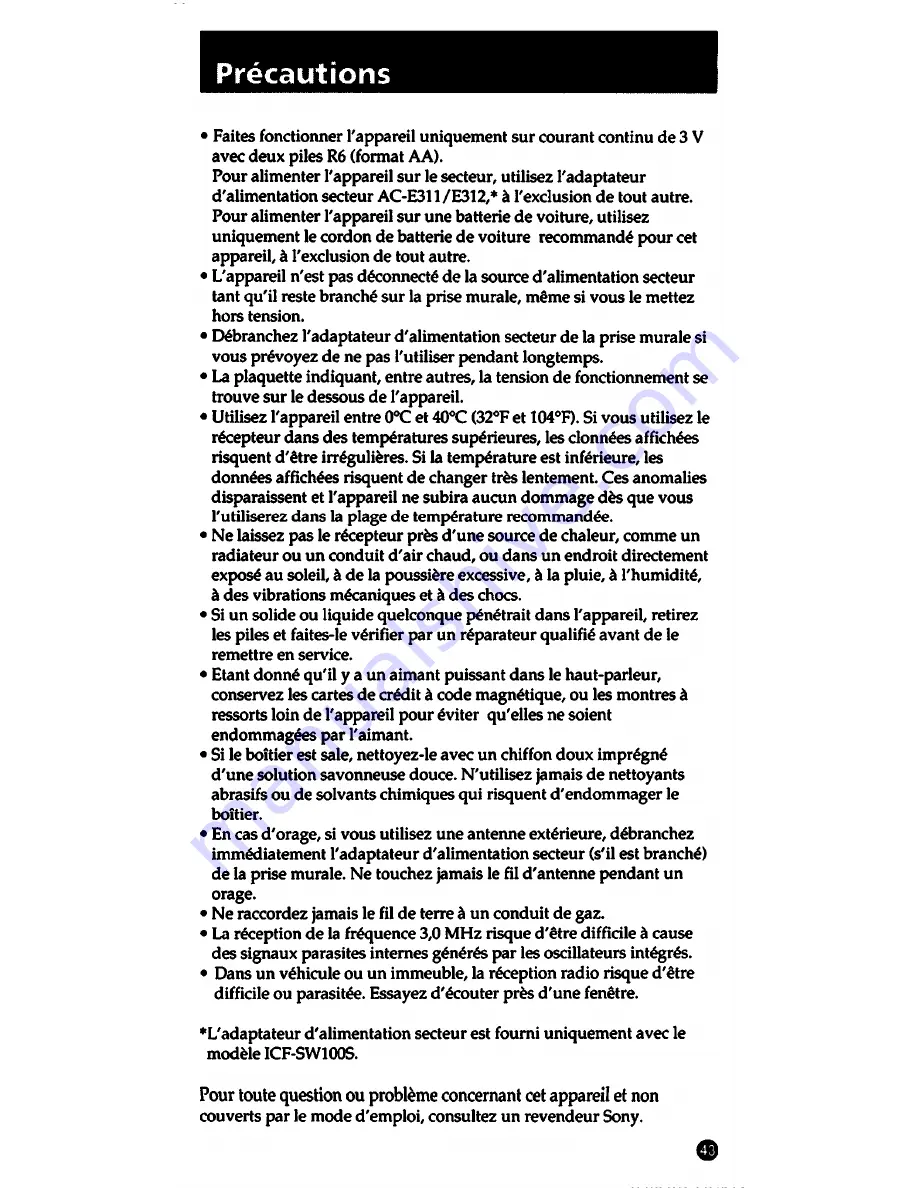 Sony ICF-SW1005 Operating Lnstructions Download Page 43