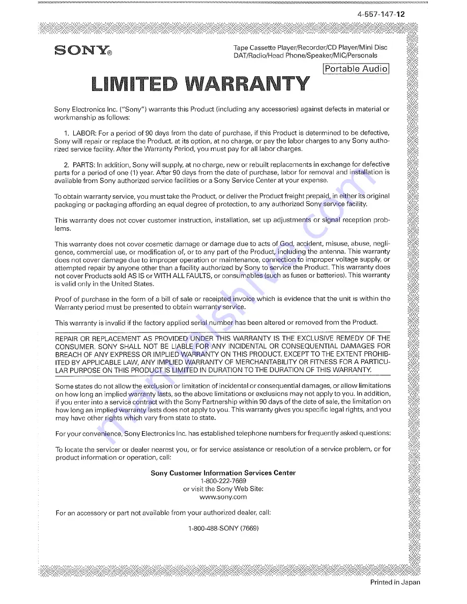 Sony ICFB05W Limited Warranty Download Page 1