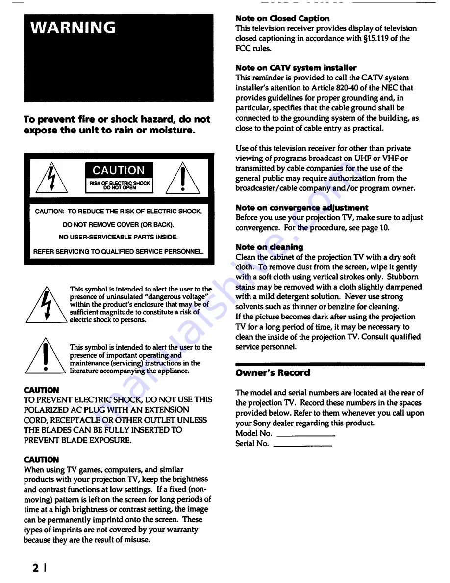 Sony KP-46S55 Operating Instructions Manual Download Page 2