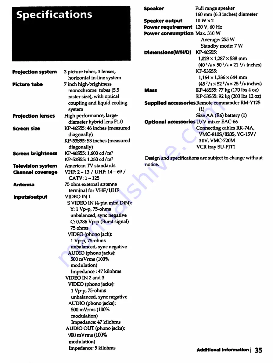 Sony KP-46S55 Operating Instructions Manual Download Page 37