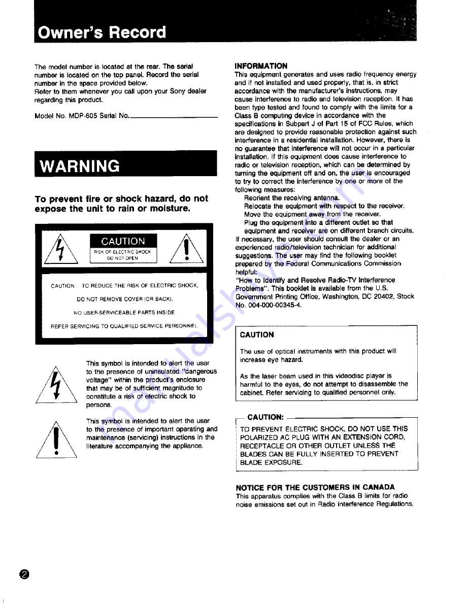 Sony MDP-605 Operating Instructions Manual Download Page 2