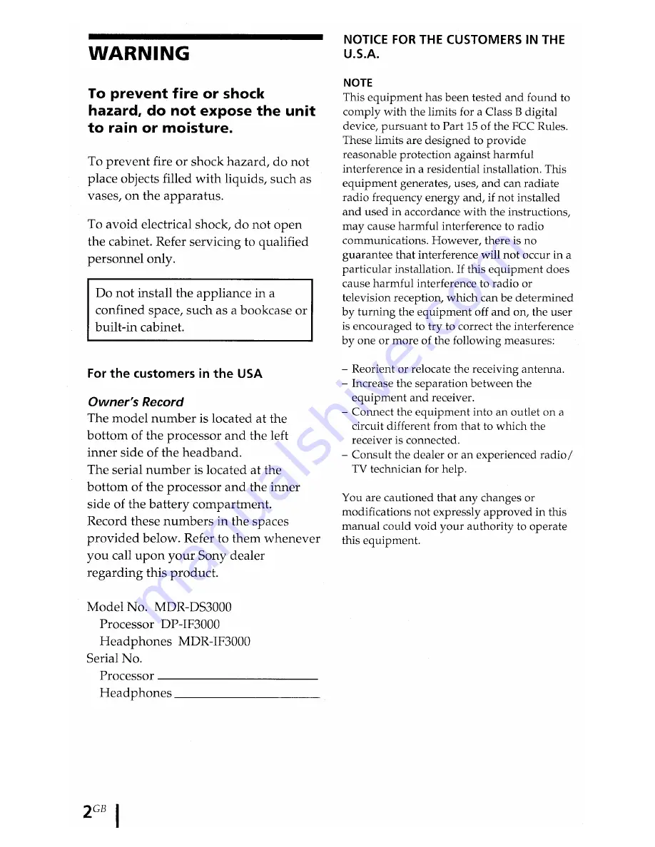 Sony MDR-DS3000 Operating Instructions Manual Download Page 2