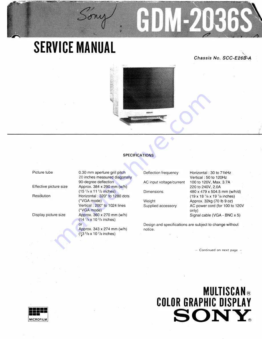 Sony Multiscan GDM-2036S Service Manual Download Page 1