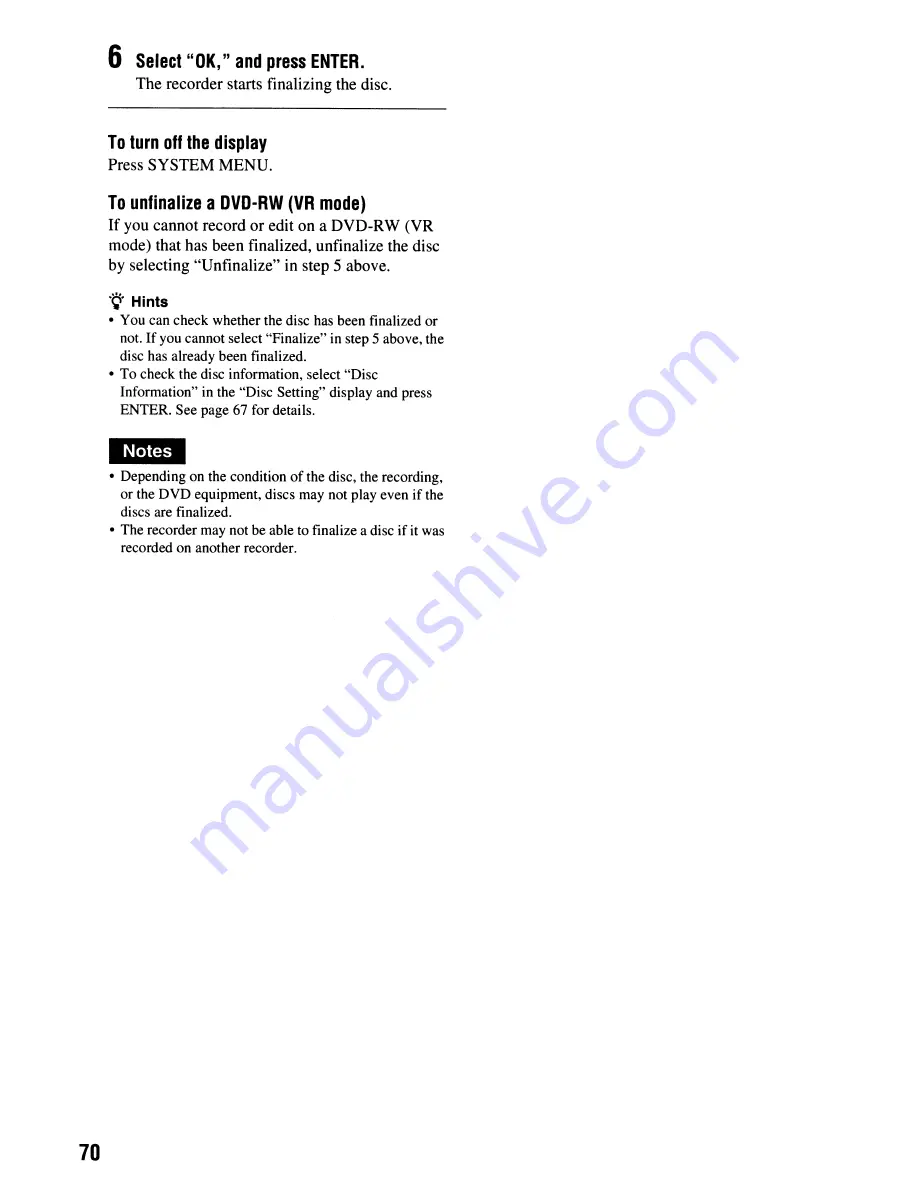 Sony RDR-GX355 - Tunerless DVD Recorder Operating Instructions Manual Download Page 70