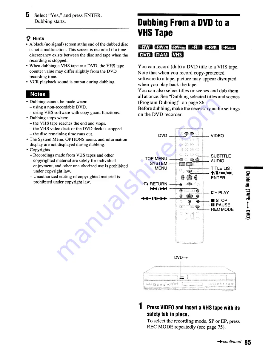 Sony RDR VX555 - DVDr/ VCR Combo Скачать руководство пользователя страница 85