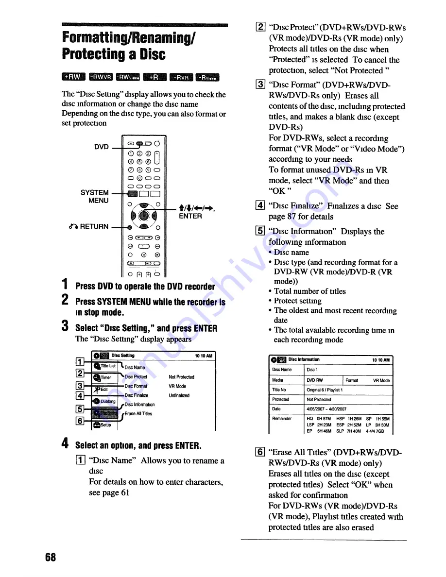 Sony RDR VXD655 - DVDr/ VCR Combo Operating Instructions Manual Download Page 68