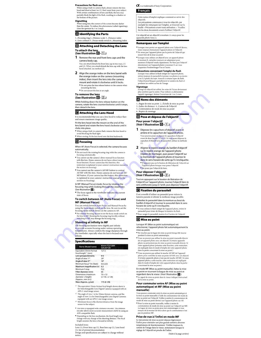 Sony SAL-85F28 Operating Instructions Download Page 2