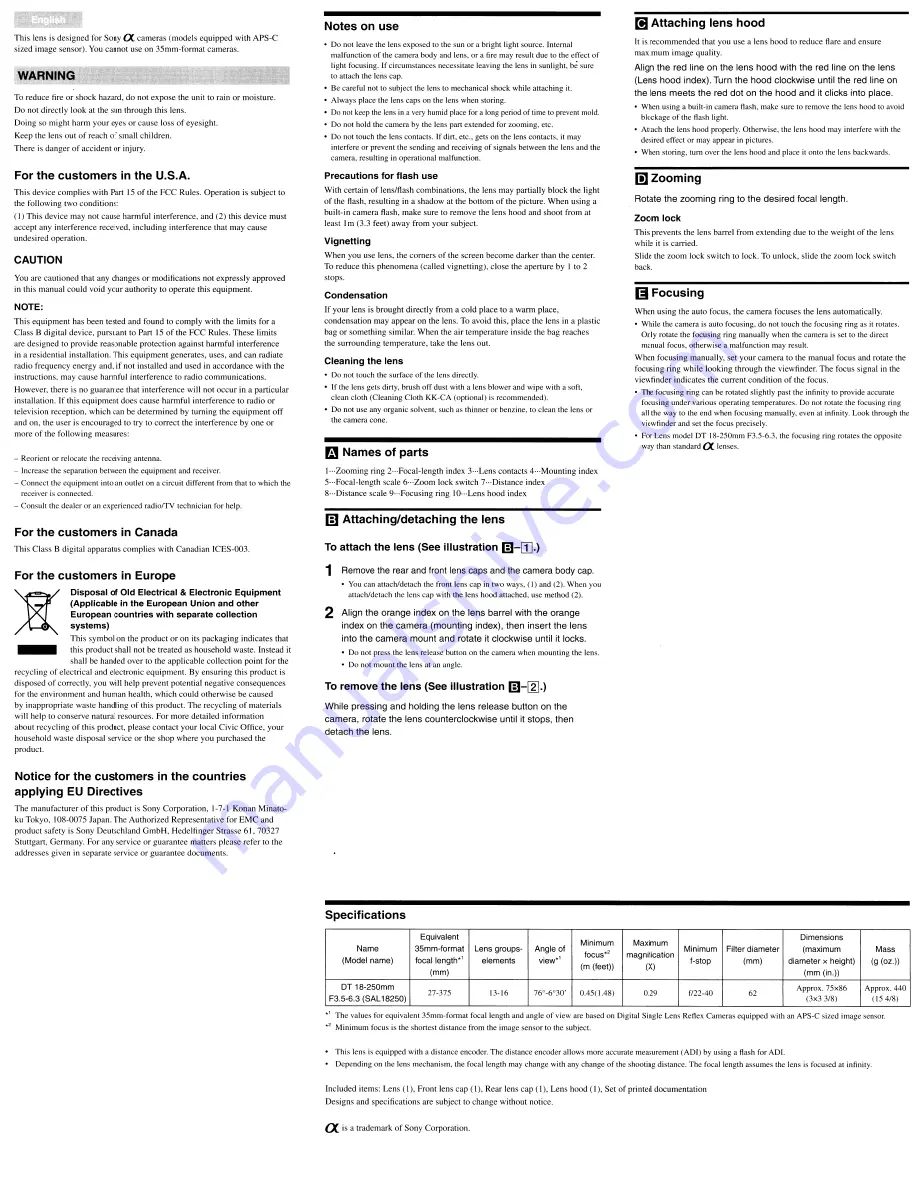 Sony SAL18250 - Zoom Lens - 18 mm Скачать руководство пользователя страница 4