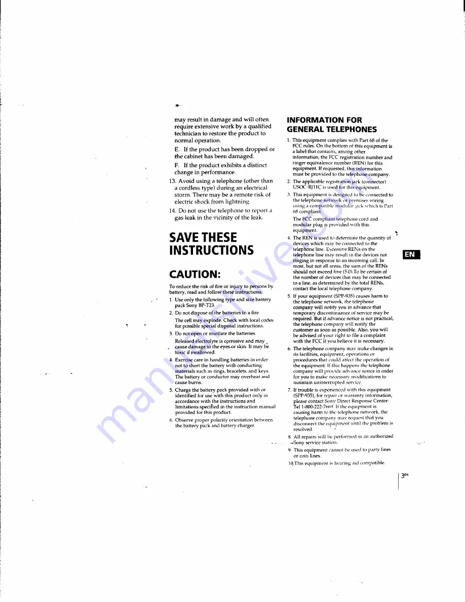 Sony SPP-935 - 900 Mhz Cordless Phone Operating Instructions Manual Download Page 4