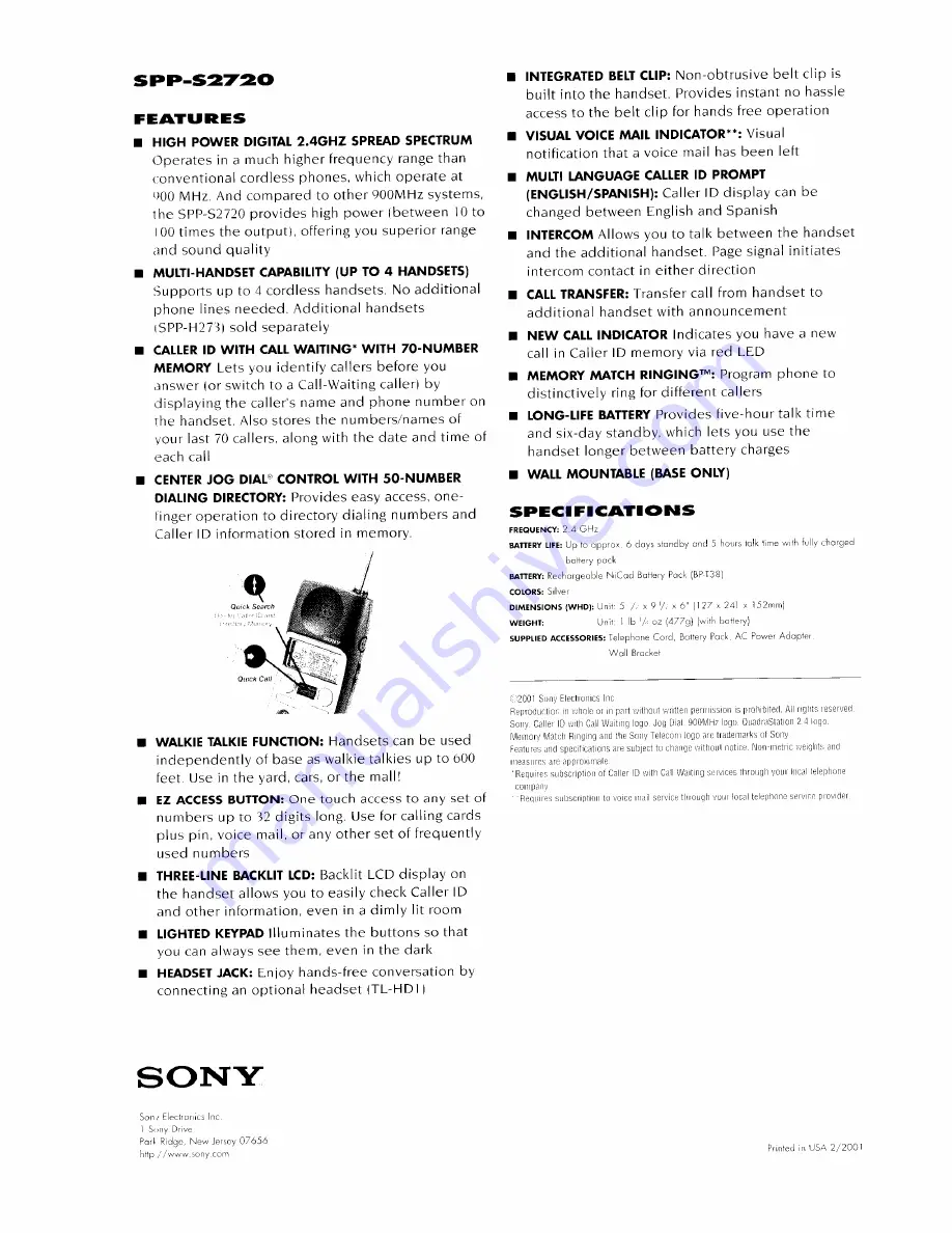 Sony SPP-S2720 Specification Sheet Download Page 2