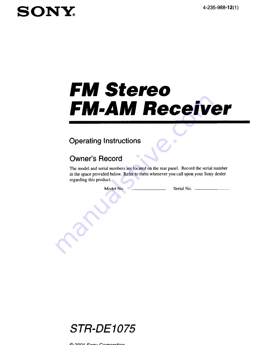 Sony STR-DE1075 - Fm Stereo/fm-am Receiver Operating Instructions Manual Download Page 1