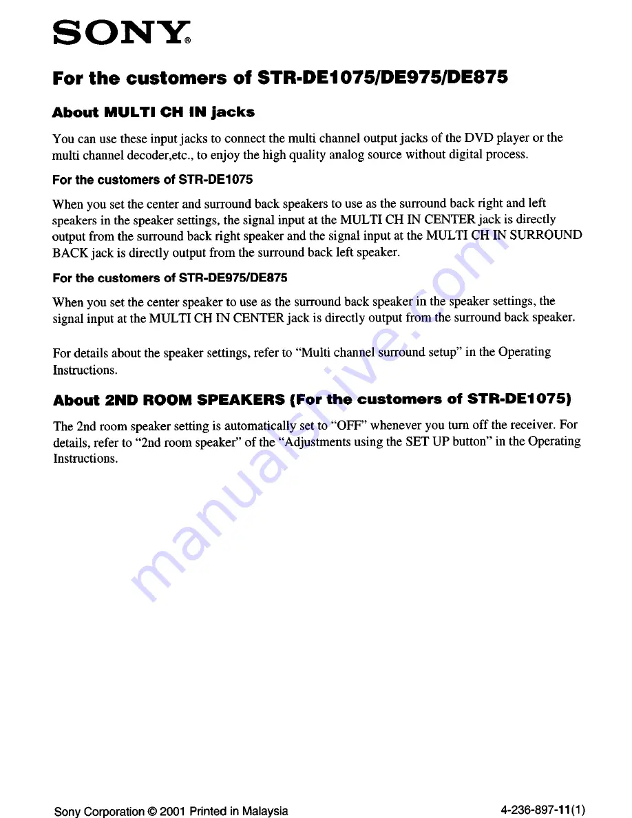 Sony STR-DE1075 - Fm Stereo/fm-am Receiver Operating Instructions Manual Download Page 73