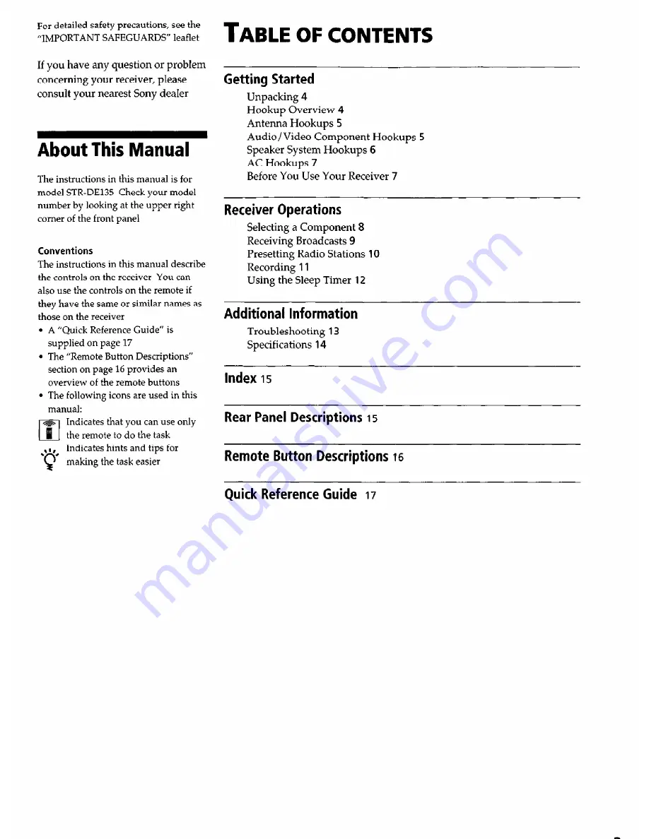 Sony STR-DE135 Operating Instructions Manual Download Page 3