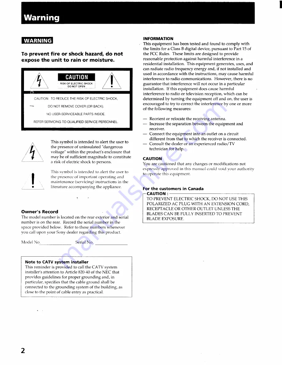 Sony STR-GX800ES - Fm Stereo Fm-am Receiver Operating Instructions Manual Download Page 2