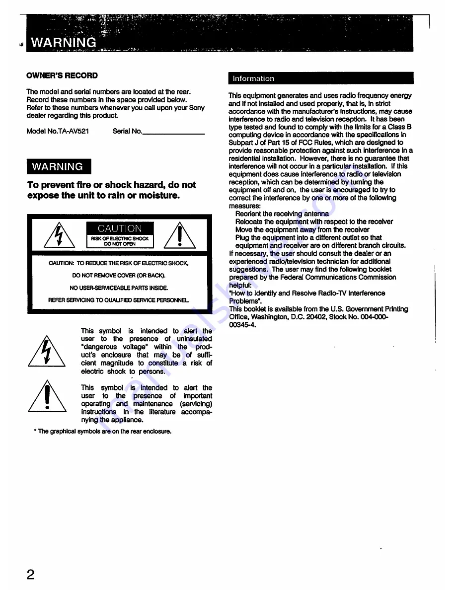 Sony TA-AV521 Operating Instructions Manual Download Page 2