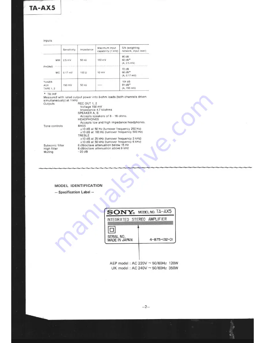 Sony TA-AX5 Service Manual Download Page 2