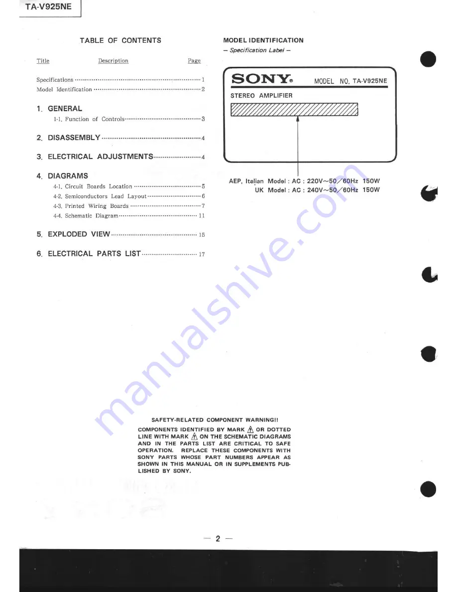 Sony TA-V925NE Скачать руководство пользователя страница 2