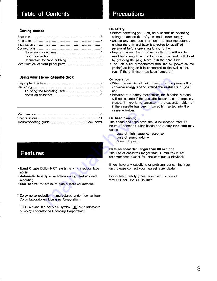 Sony TC-FX120 Operating Instructions Manual Download Page 3