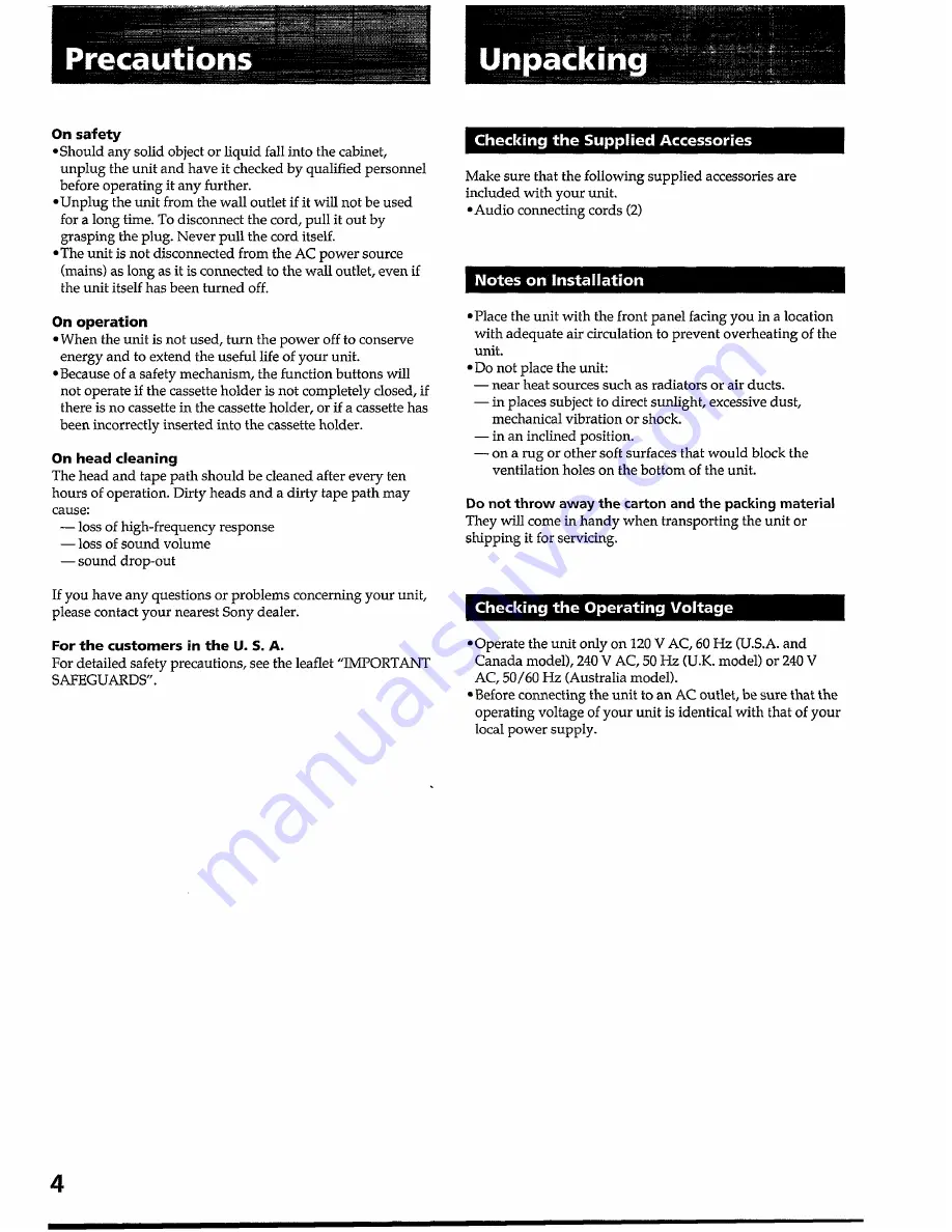 Sony TC-WR545 Primary Operating Instructions Manual Download Page 4