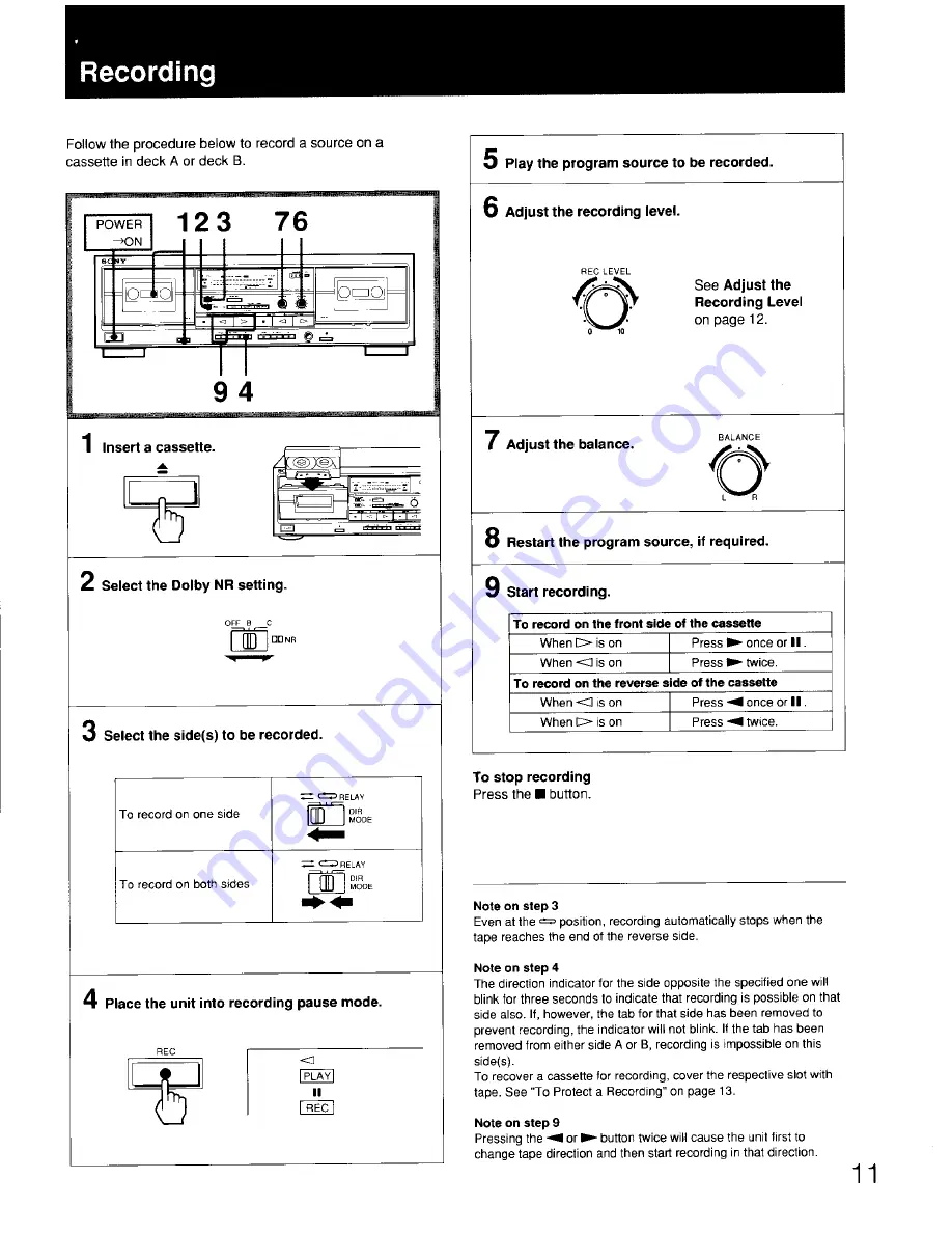 Sony TC-WR670 Operating Instructions Manual Download Page 11