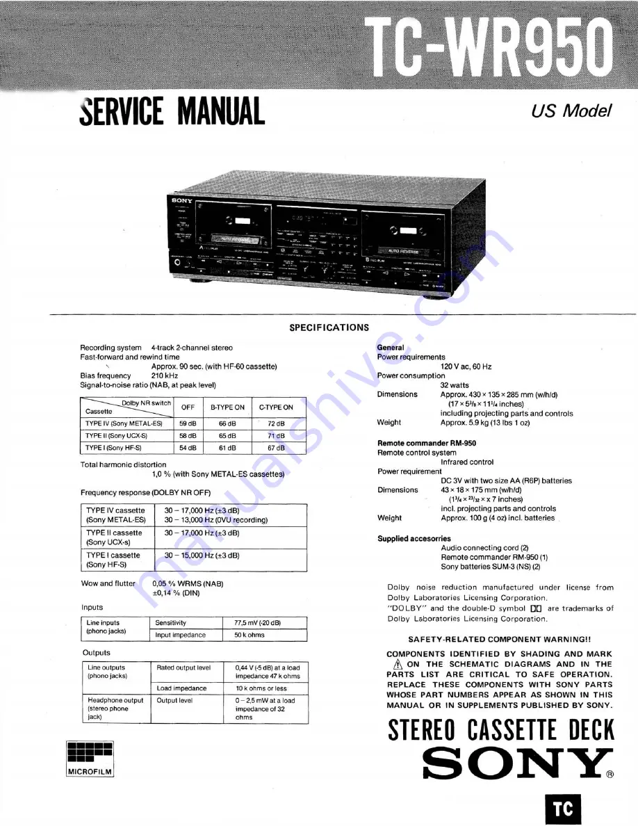 Sony TC-WR950 Скачать руководство пользователя страница 1