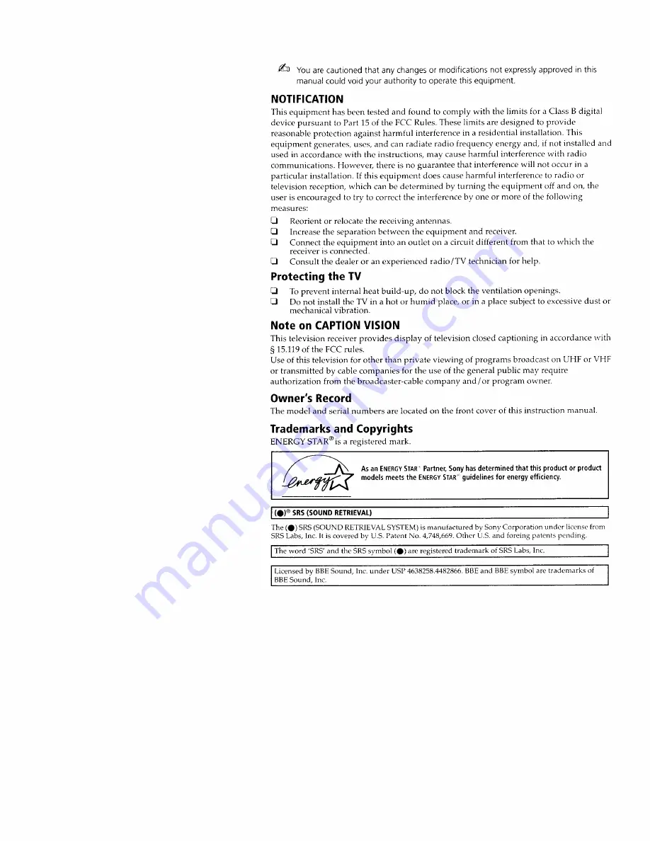 Sony Trinitron KV-20FV10 Operating Instructions Manual Download Page 3