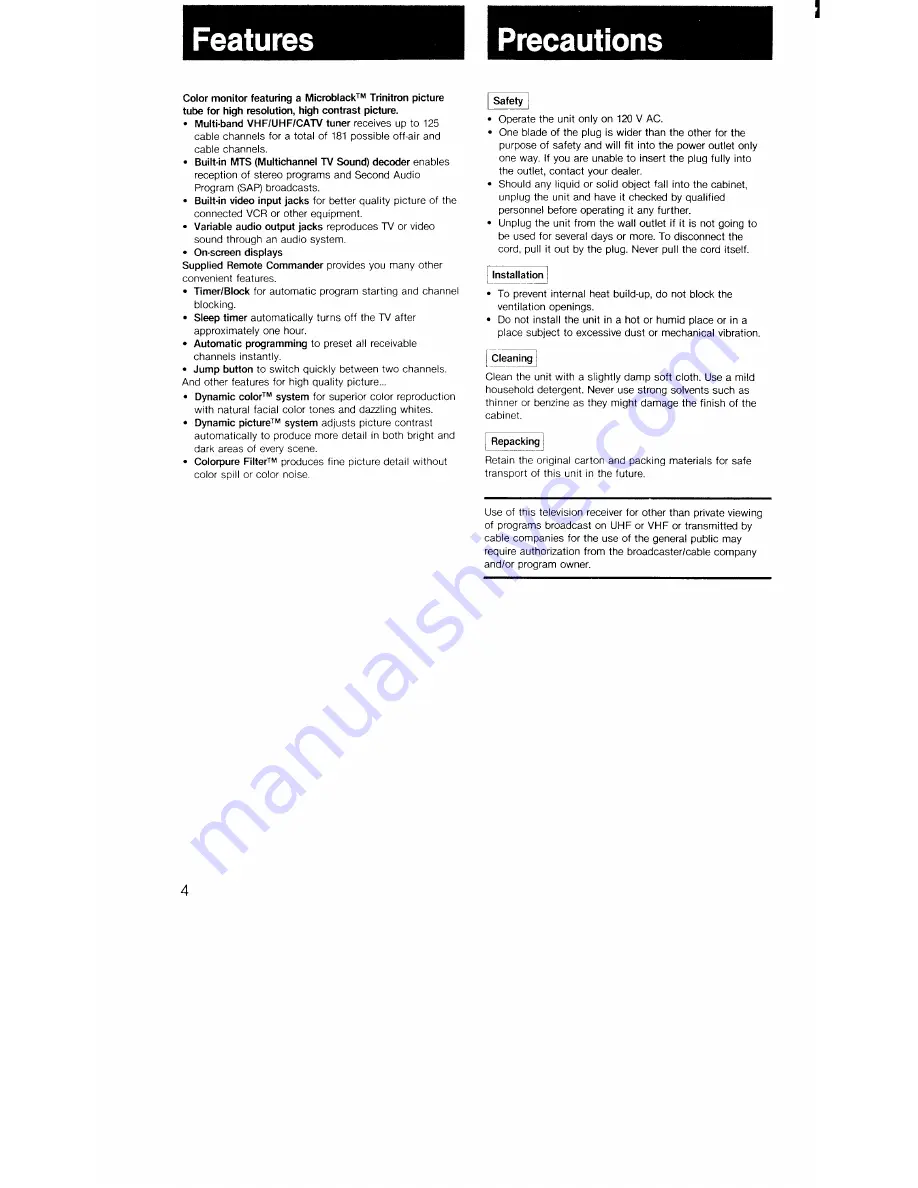 Sony Trinitron KV-27TS20 Operating Instructions Manual Download Page 4