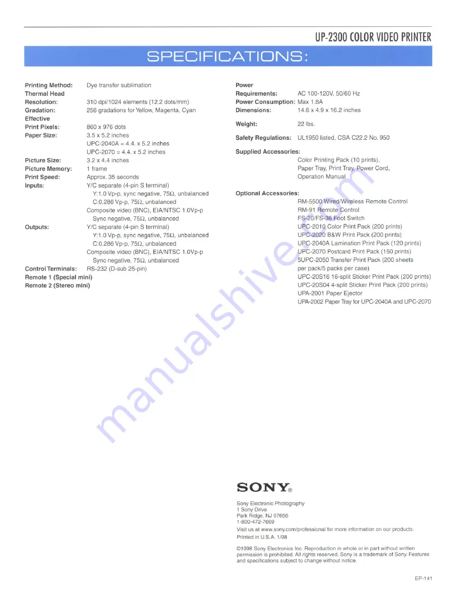 Sony UP-2300 Скачать руководство пользователя страница 2