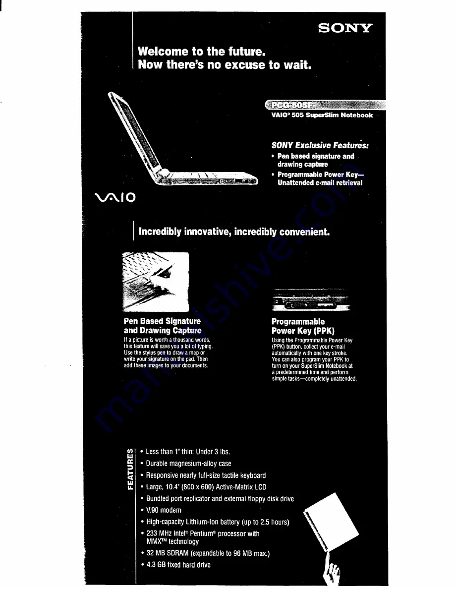 Sony VAIO PCG-505F Specifications Download Page 1