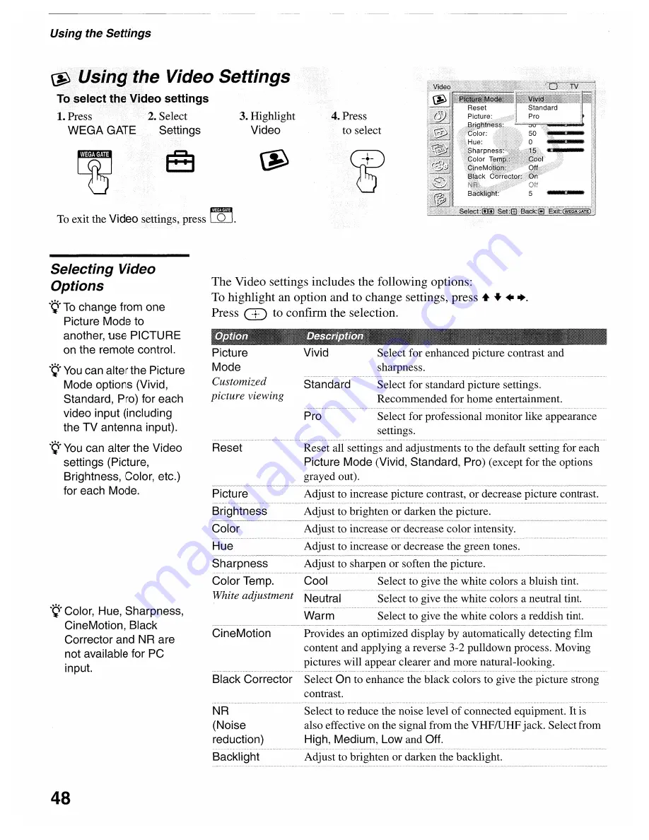 Sony WEGA KLV-S19A10 Operating Instructions Manual Download Page 48