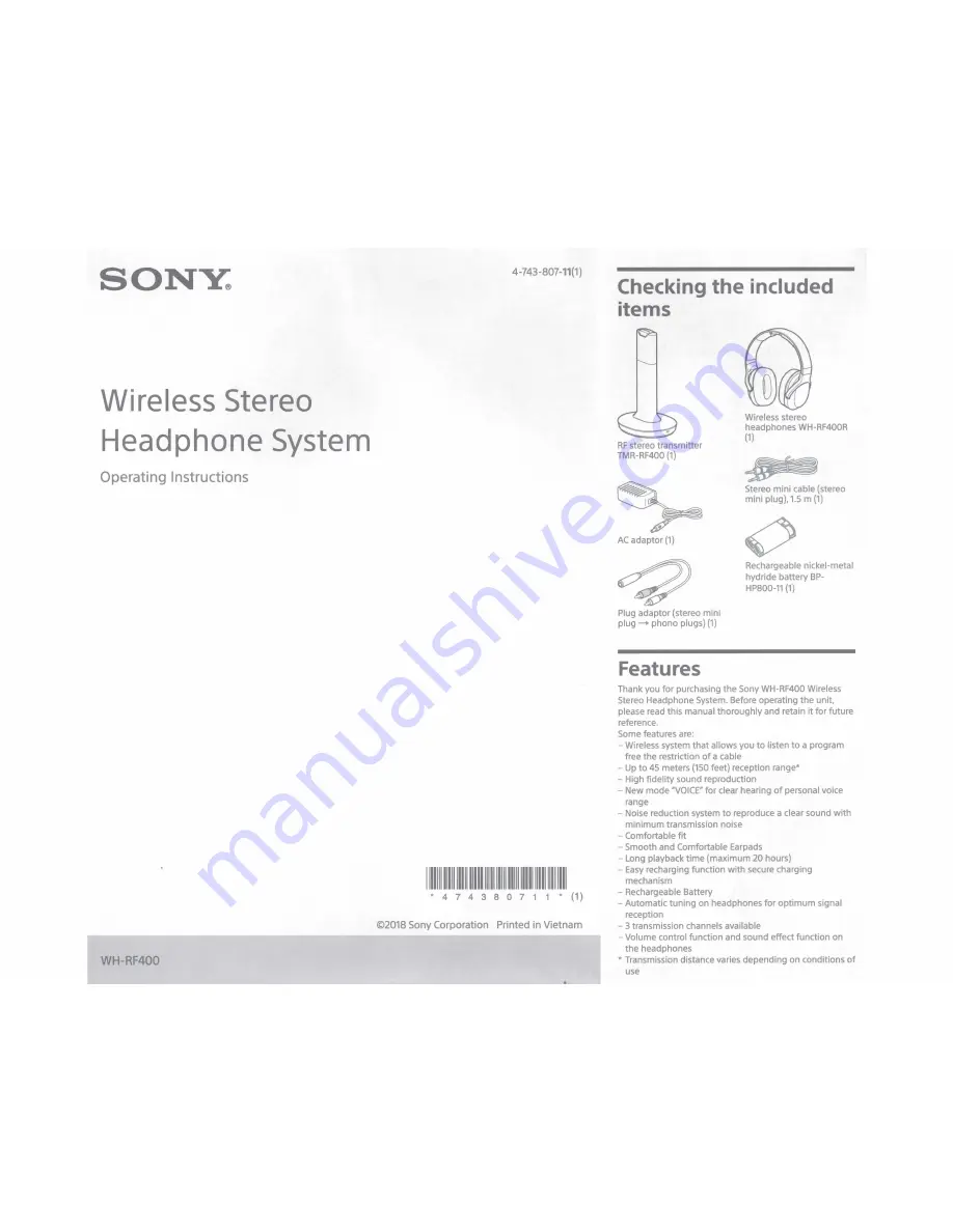 Sony WH-RF400 Скачать руководство пользователя страница 1