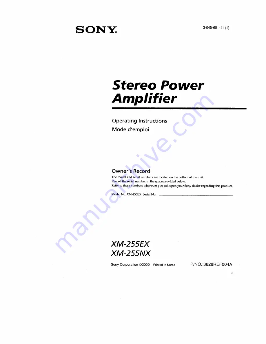 Sony XM-255EX Primary Operating Instructions Manual Download Page 1