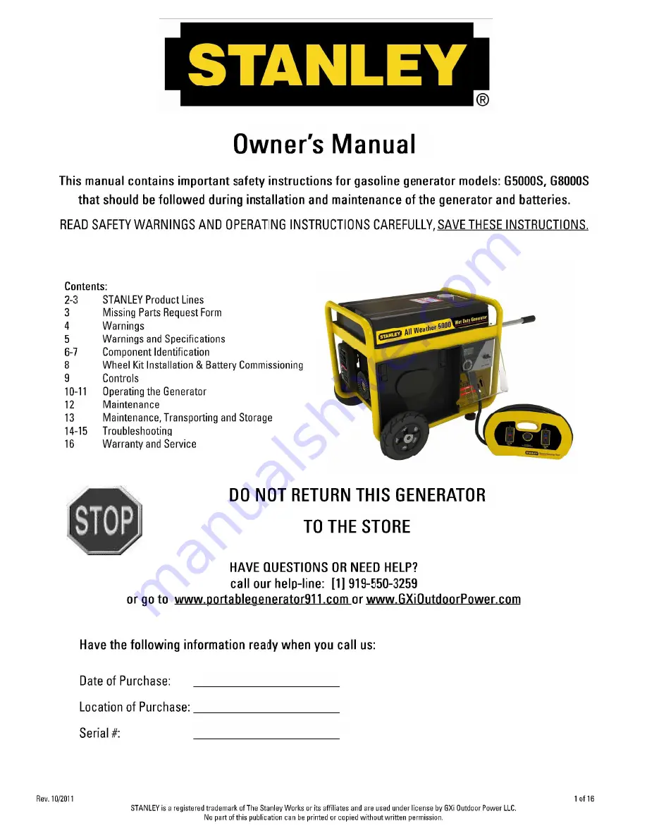 Stanley G5000S Owner'S Manual Download Page 1