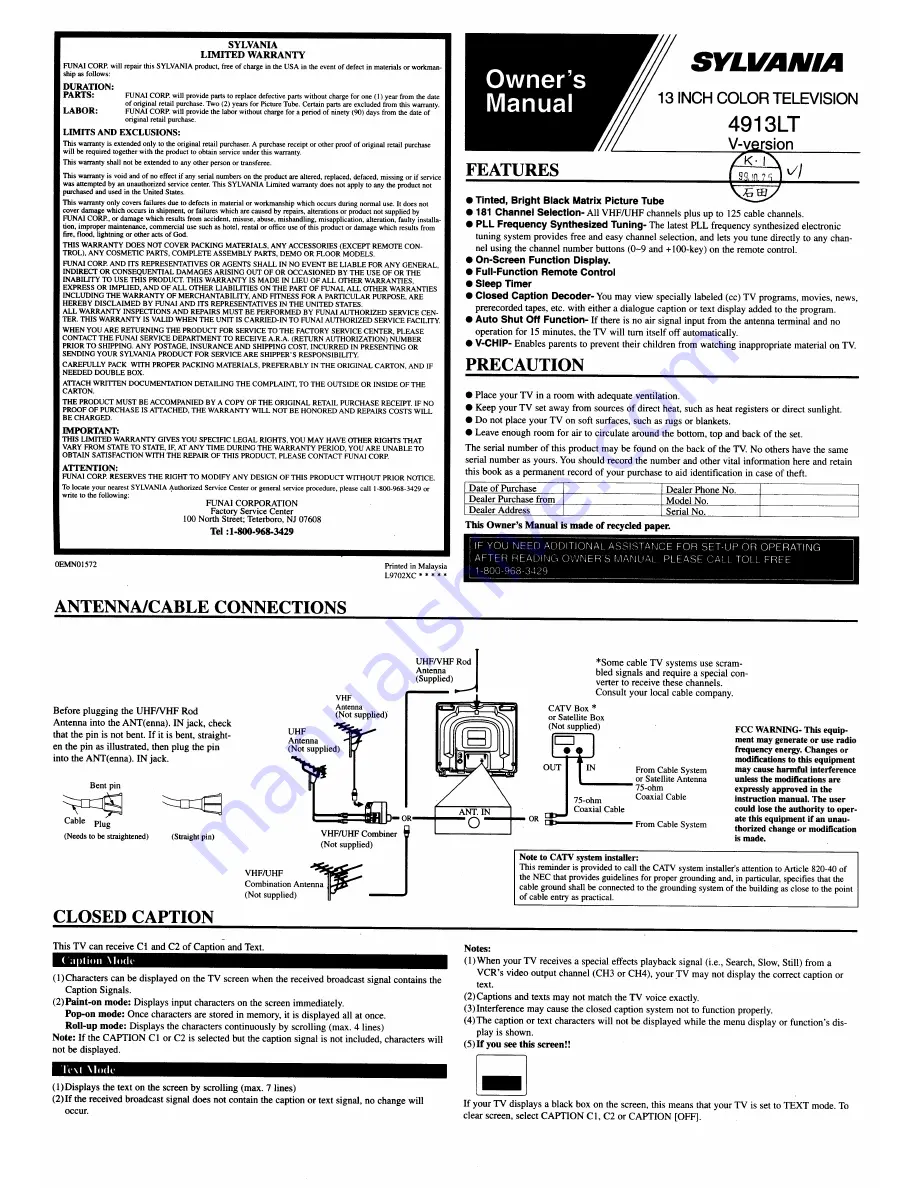 Sylvania Sylvania 4913LT V-Version Скачать руководство пользователя страница 1
