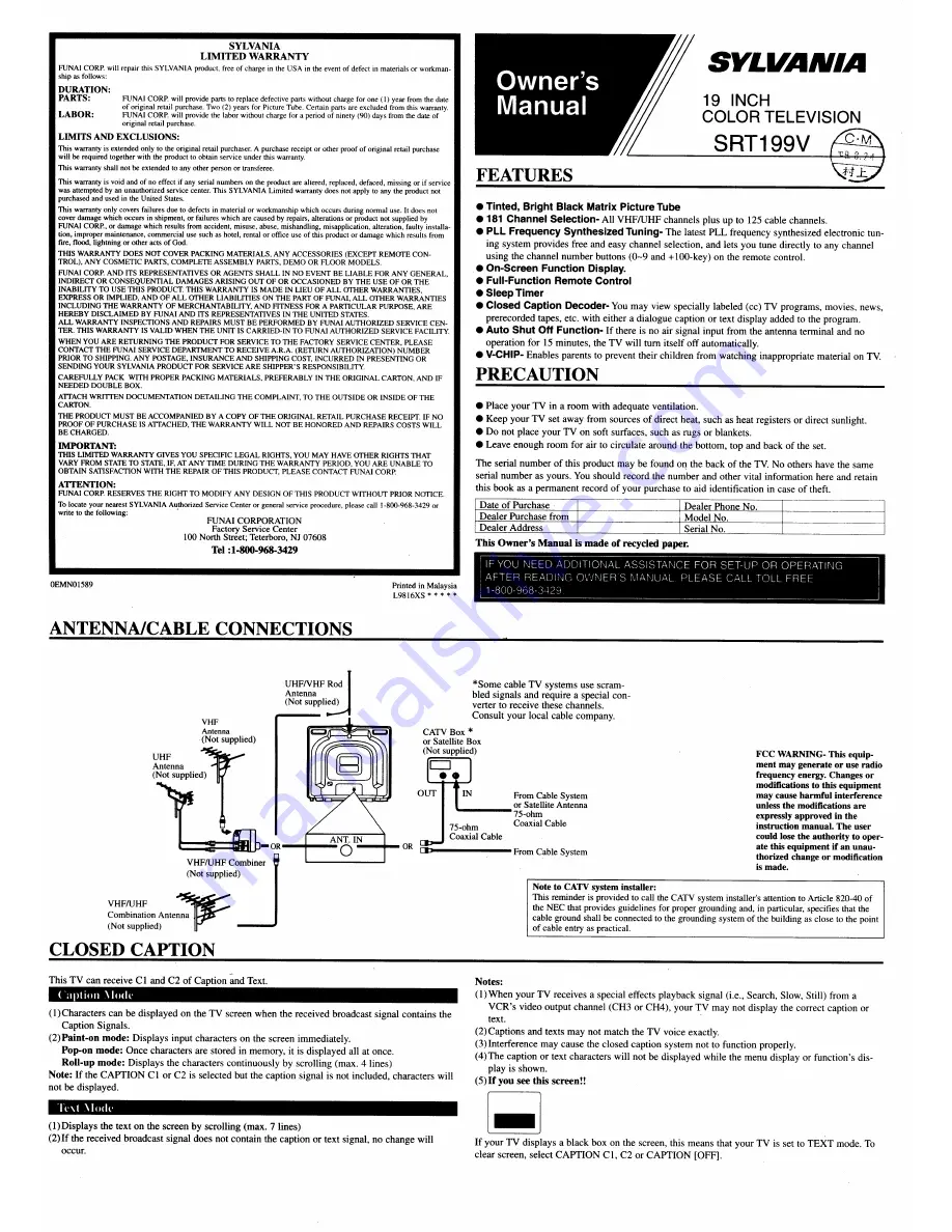 Sylvania Sylvania SRT199V Скачать руководство пользователя страница 1