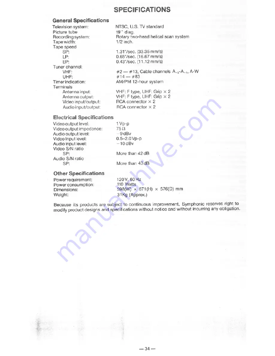 Symphonic 19-TR Owner'S Manual Download Page 34