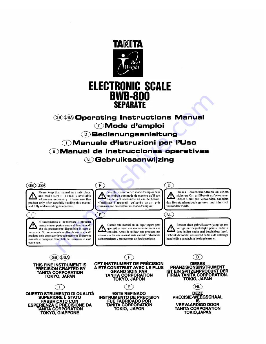 Tanita BWB-800 Operating Instructions Manual Download Page 1