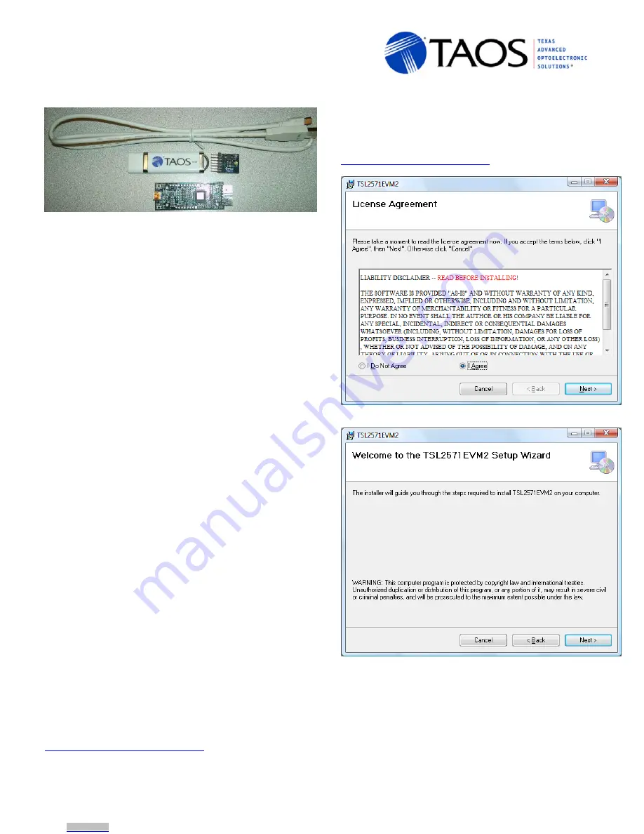 TAOS TSL2571 EVM2 Kit Quick Start Manual Download Page 1