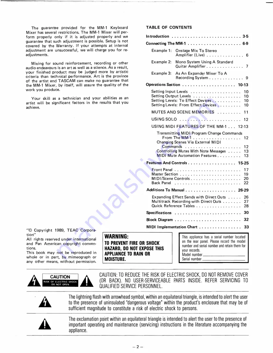 Tascam MM-1 Owner'S Manual Download Page 2