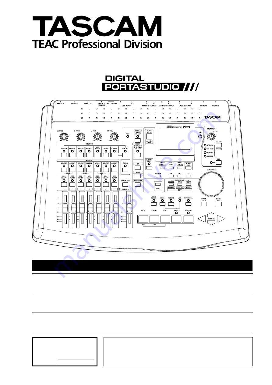 Tascam PORTASTUDIO 788 Owner'S Manual Download Page 1