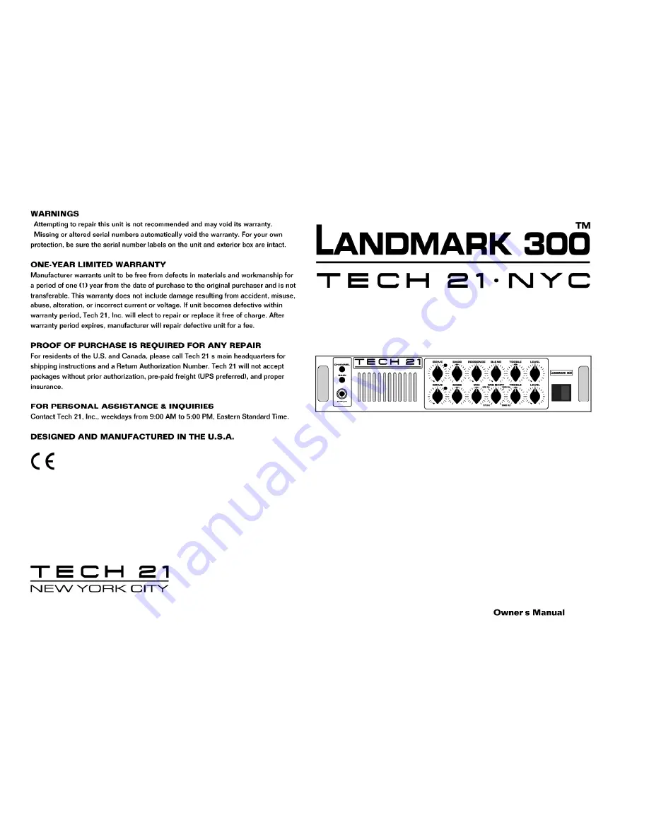 Tech 21 Landmark 300 Owner'S Manual Download Page 1