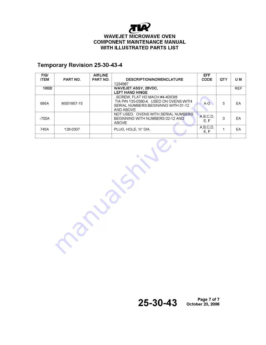 TIA WAVEJET 400-1338-02 Component Maintenance Manual With Illustrated Parts List Download Page 125