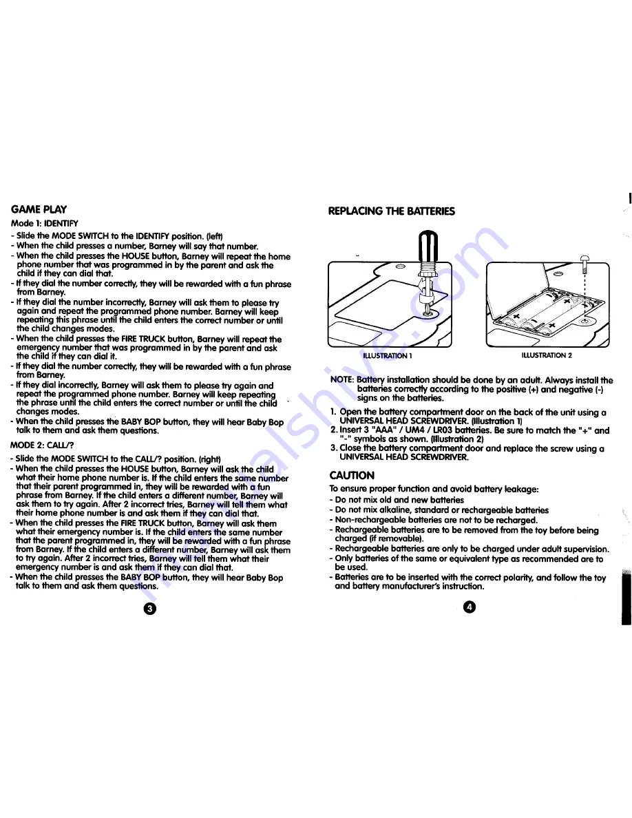 Tiger Electronics Barney Telephone Fun Smart Sticks Instruction Manual Download Page 3