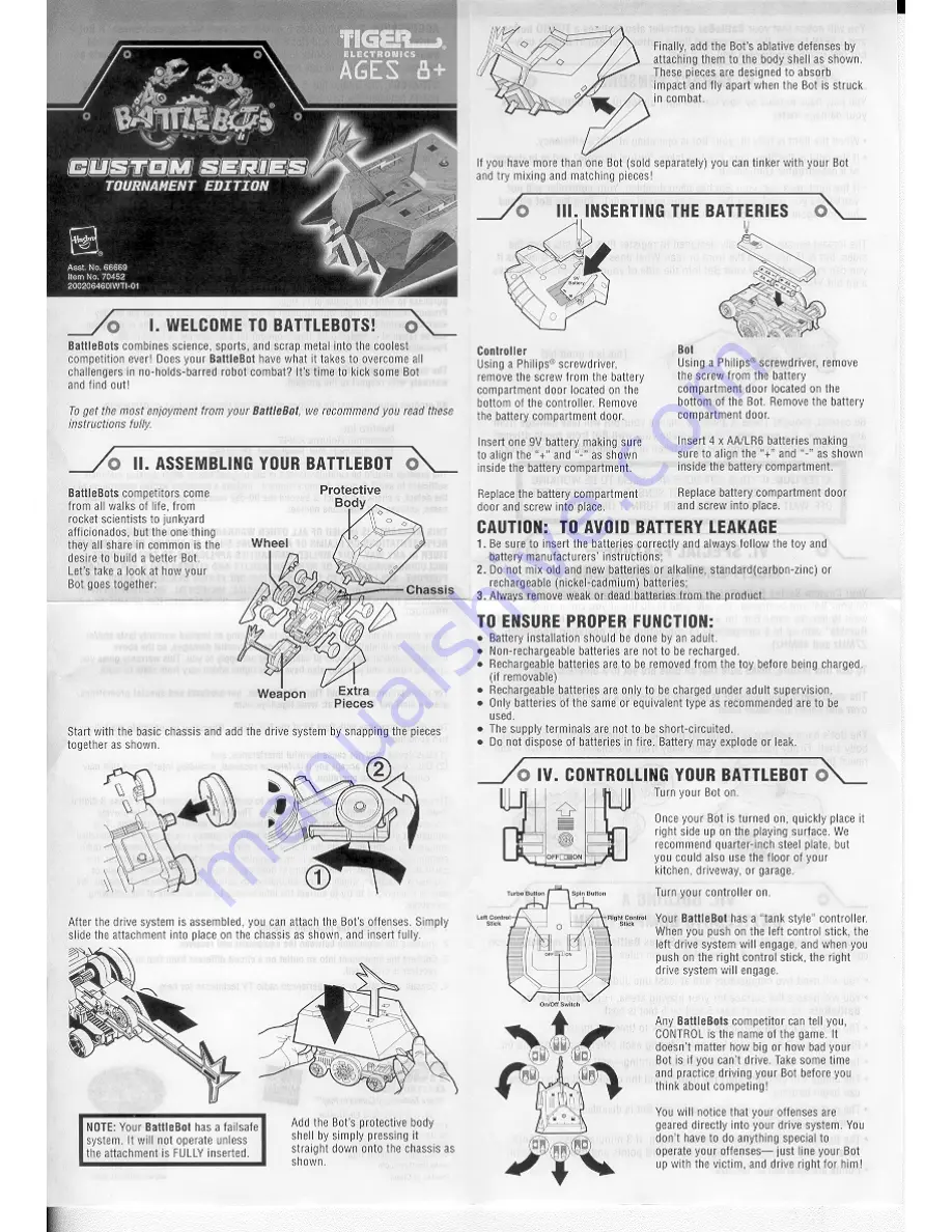 Tiger Electronics Battlebots Killerhurtz RC Custom Series Tournament Edition Скачать руководство пользователя страница 1