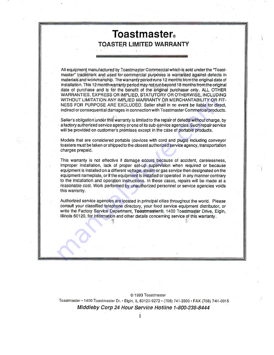 Toastmaster 1BB5 Owner'S Operating & Installation Manual Download Page 2