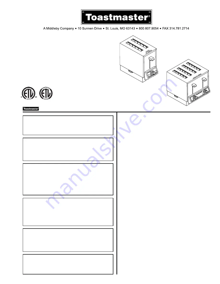 Toastmaster BTW09 Owner'S Operating And Installation Manual Download Page 1